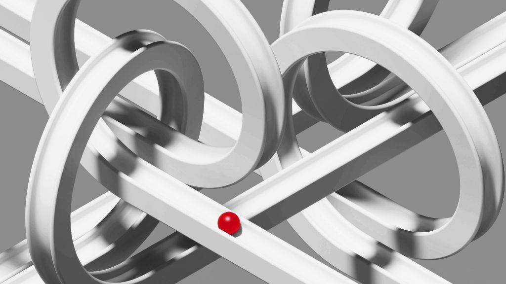 Witte ringen en sporen met een enkele rode bal, een abstract beeld van het marketing-ecosysteem