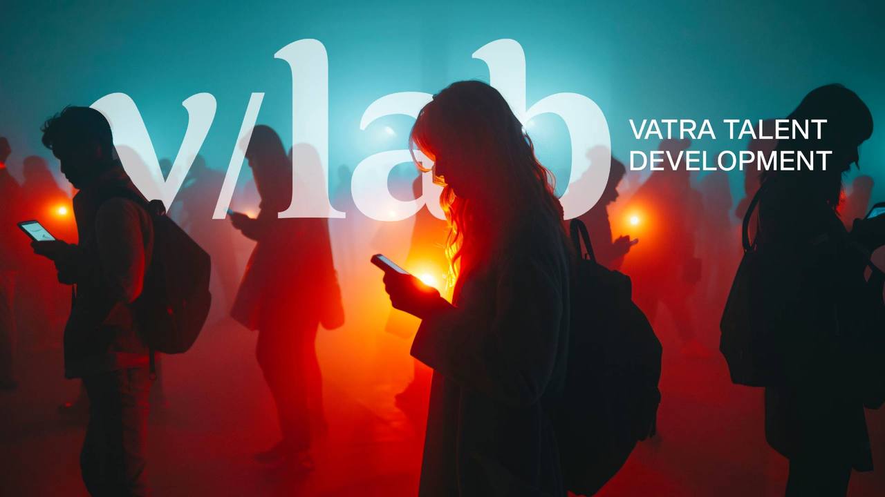 Silhouetten van mensen die naar hun telefoon kijken onder het v/lab-logo, Vatra Talent Development
