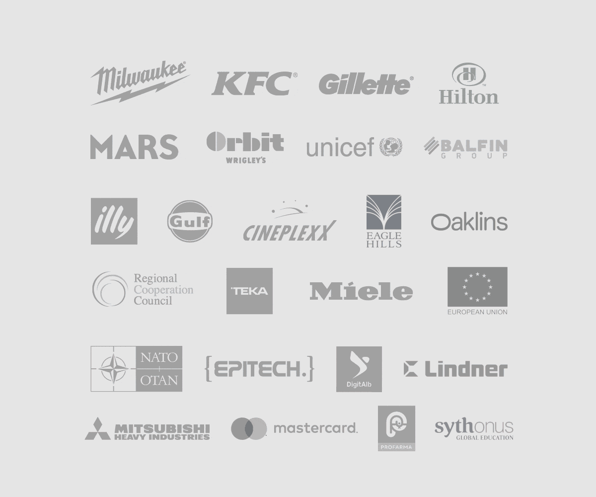 Milwaukee, KFC, Gillette, Hilton, Mars, Orbit Wrigley's, UNICEF, Balfin Group, illy, Gulf, Cineplexx, Eagle Hills, Oaklins, Regionale Samenwerkingsraad, Teka, Miele, Europese Unie, NAVO, Epitech, DigitAlb, Lindner, Mitsubishi Heavy Industries, Mastercard, Profarma, Sythonus Global Education